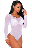 Nude Transparent  Long Sleeve White Mesh  O Neck Bodysuits