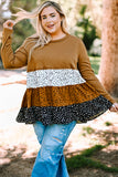 Plus Size Animal Print Color Block Ribbed Babydoll Top