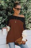 Women's Round Neck Off Shoulder Color Contrast Loose Casual Long Sleeve Pullover Sweater