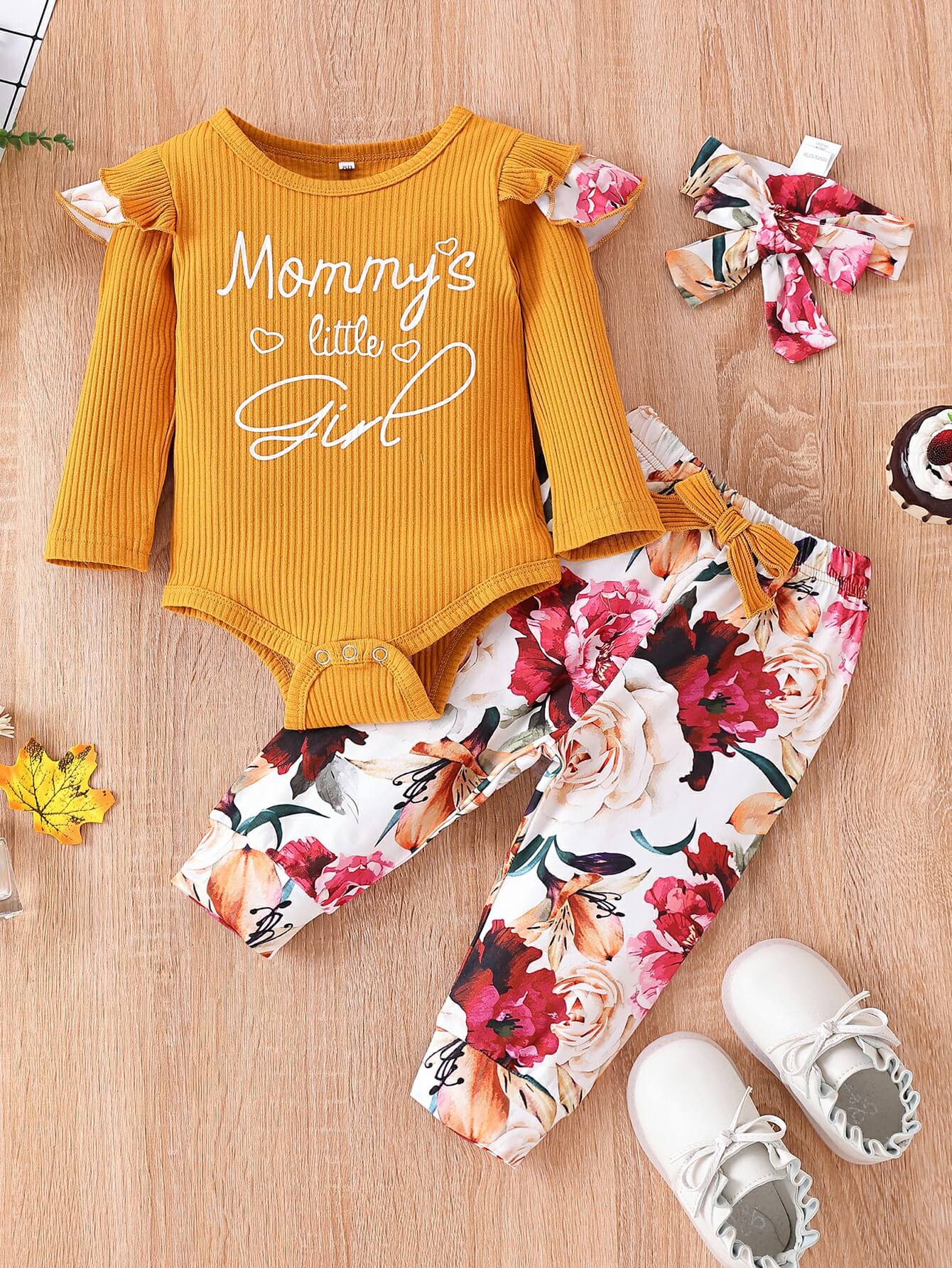 Baby Girl Graphic Ribbed Ruffle Shoulder Bodysuit and Printed Pants Set