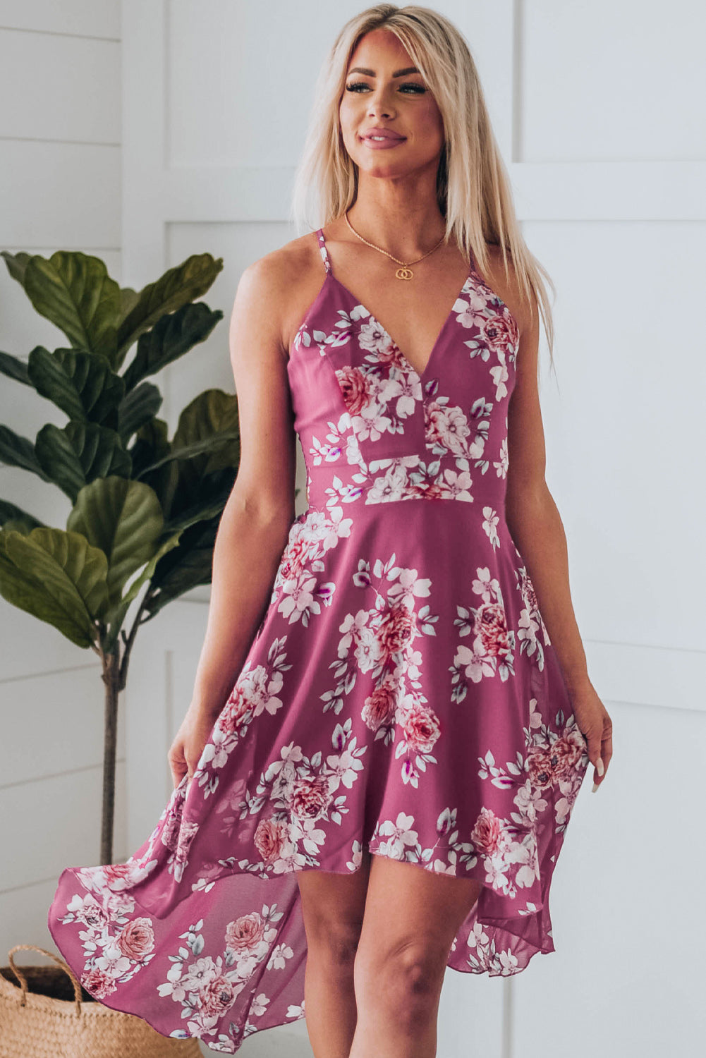 Floral Cutout High-Low Lace Back Dress