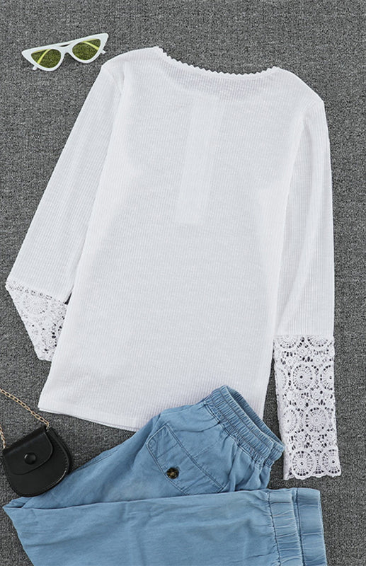 Round Neck Stitching Lace Long Sleeve T-Shirt