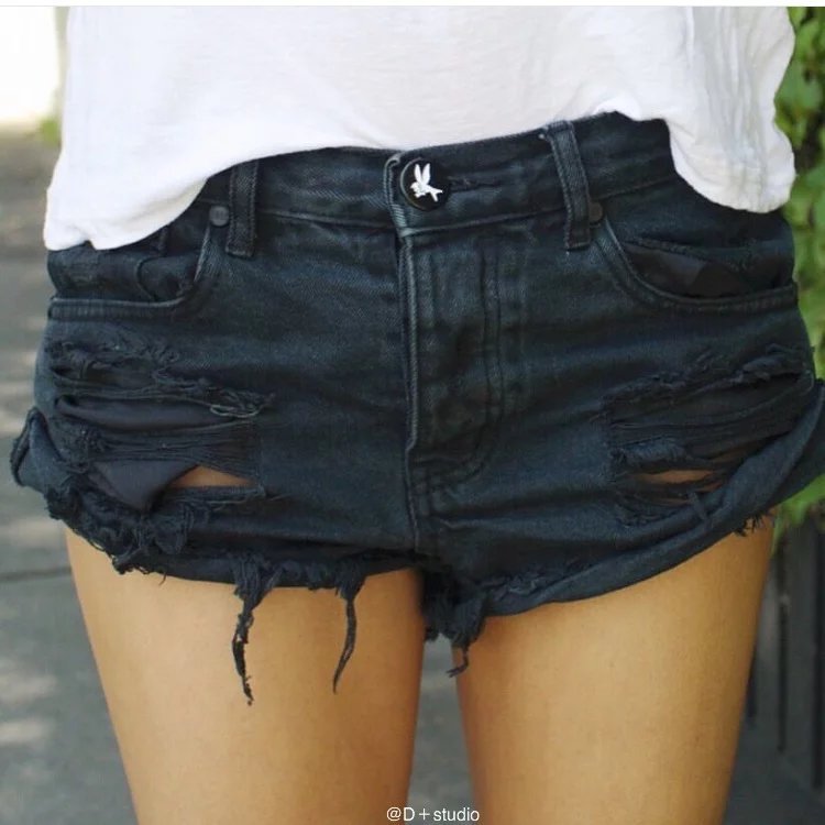 Vintage Hole Stripes Pocket J Shorts Female Jeans