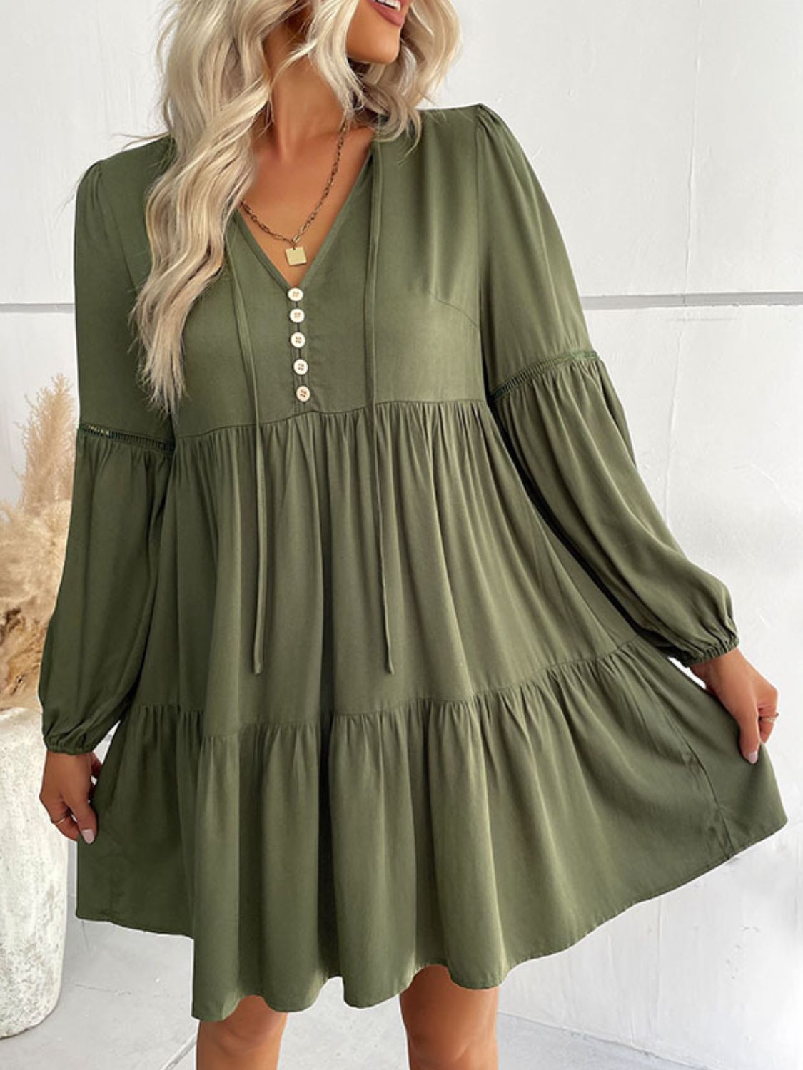 Buttoned Puff Sleeve Tiered Dress