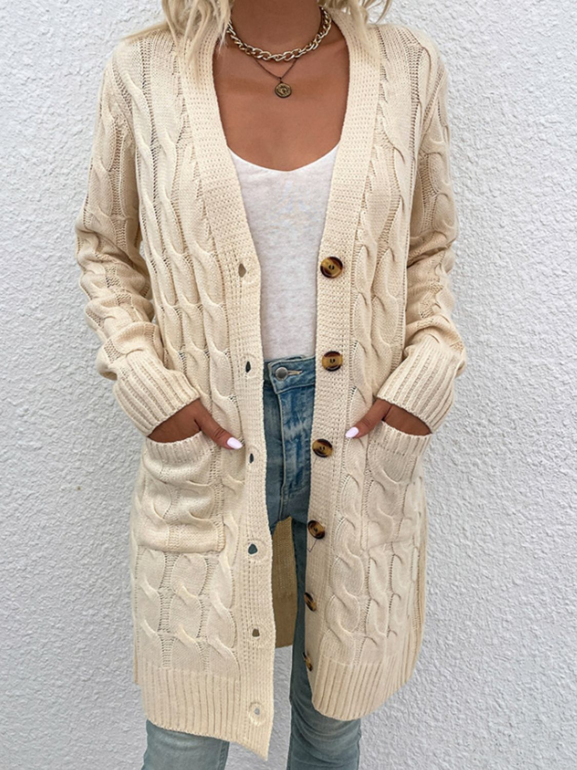Cable-Knit Button Down Longline Cardigan with Pockets