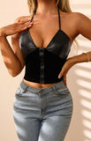Women's backless straps solid color suspenders pu leather black vest