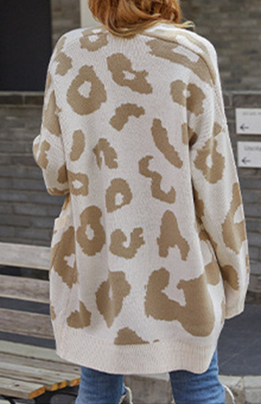 Long Pocket Knit Cardigan Leopard Print Fall/Winter Sweater Jacket