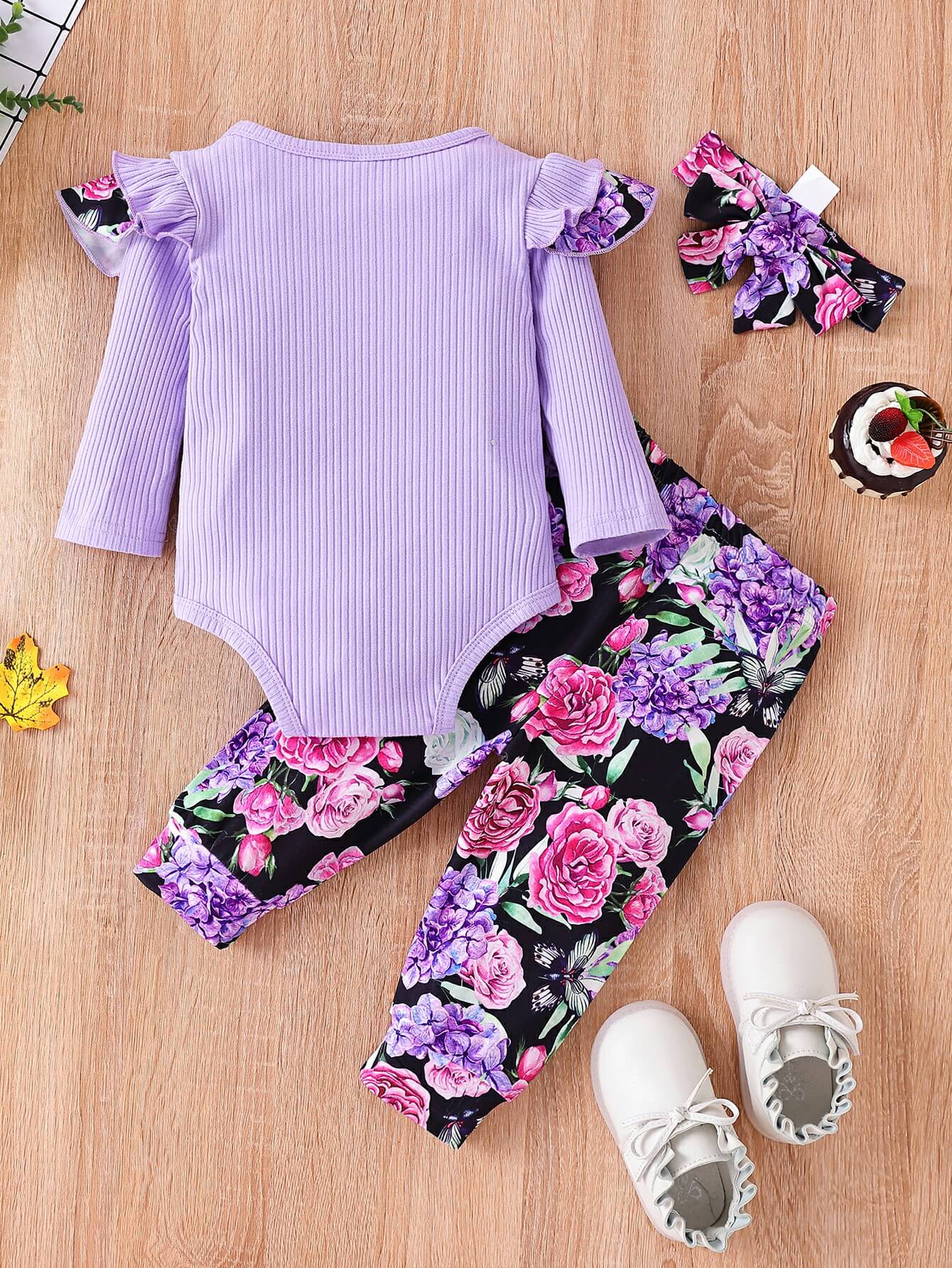 Baby Girl Graphic Ribbed Ruffle Shoulder Bodysuit and Printed Pants Set