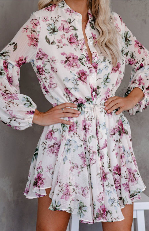 Printed Stand-Up Collar Lace-Up Button-Down Dress