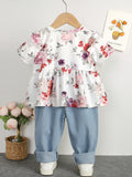 Girls Floral Peplum Blouse and Spliced Lace Jeans Set