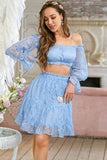 Lace Flounce Sleeve Cropped Top and Frill Trim Skirt Set