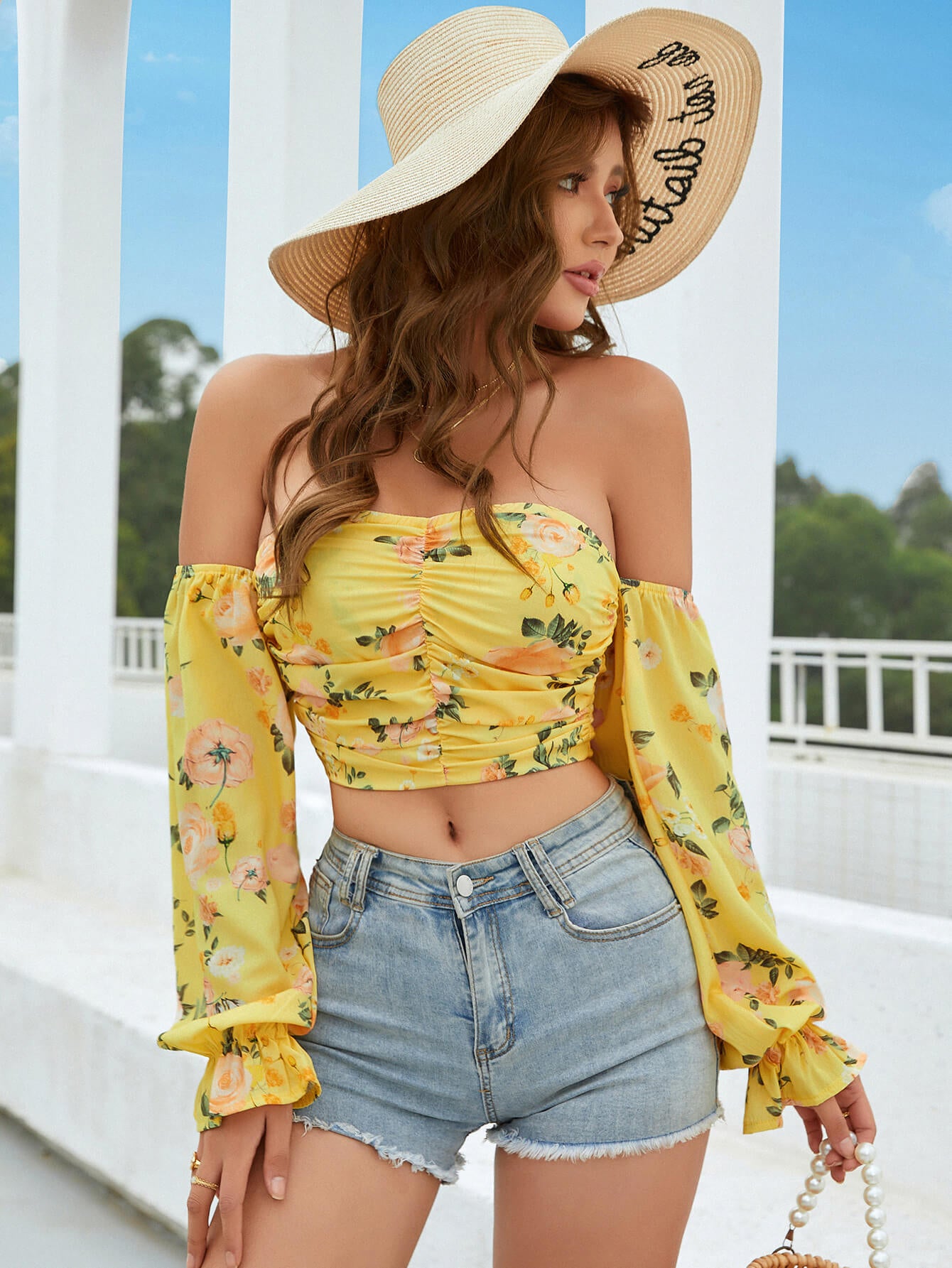 Ruched Off-Shoulder Flounce Sleeve Cropped Top