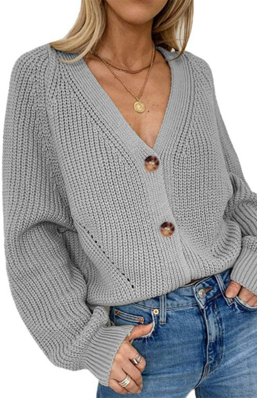 Solid V-Neck Lantern Sleeve Button Knit Cardigan