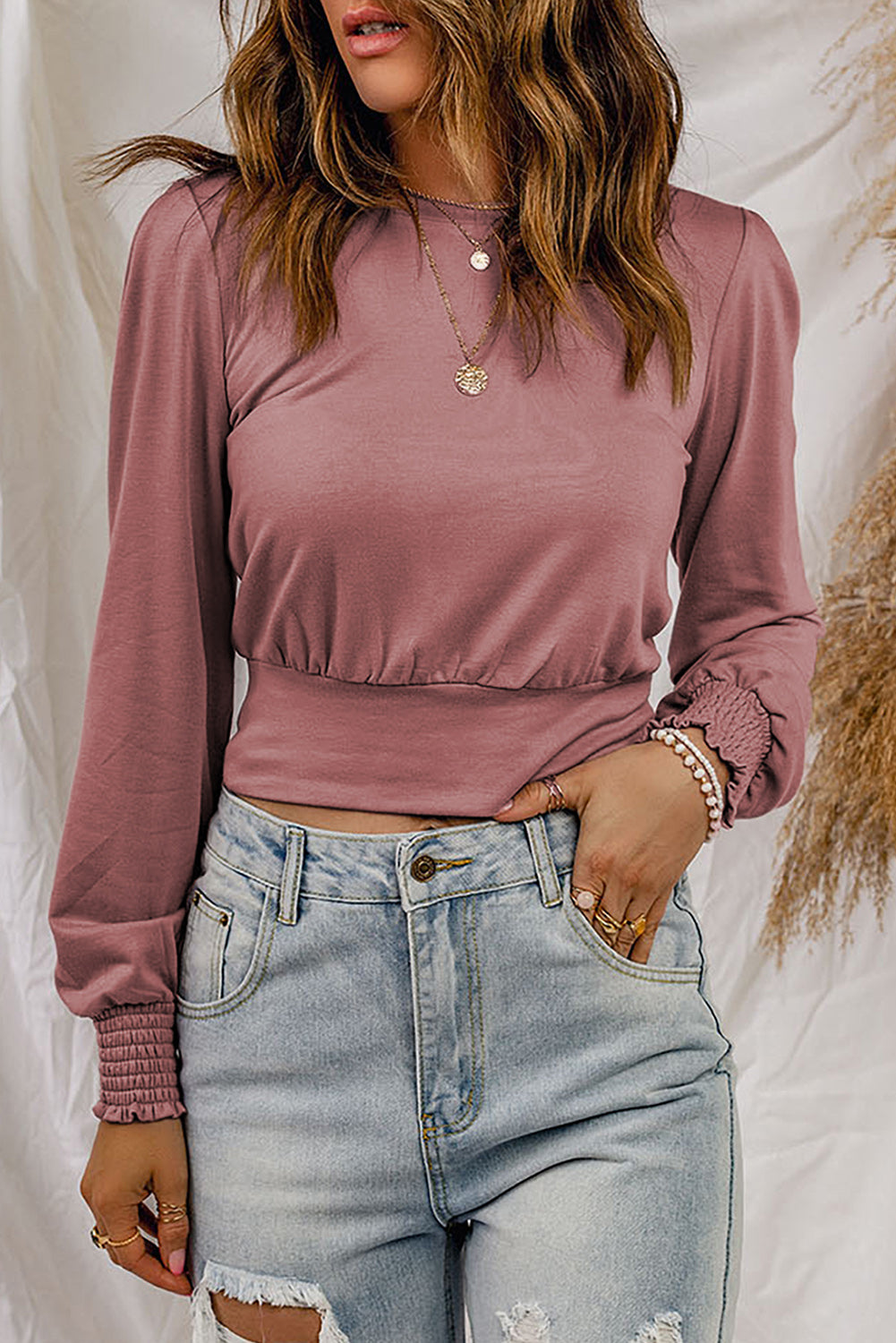 Smocked Cuff Long Sleeve Cropped Top