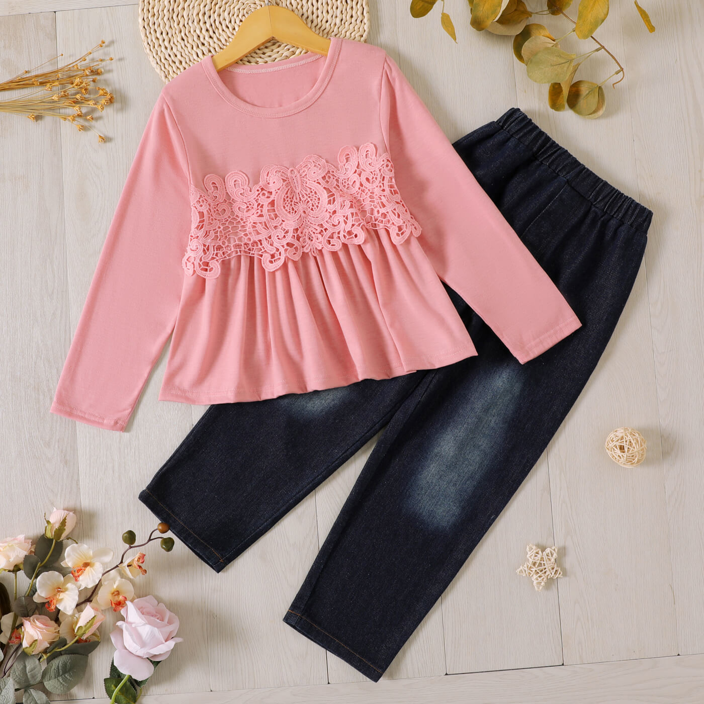 Girls Lace Trim Peplum Top and Jeans Set