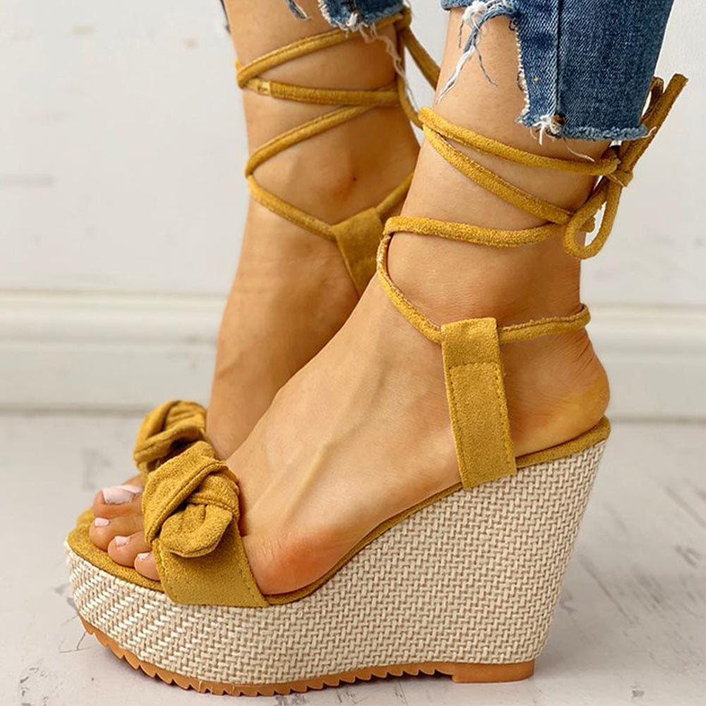 New Casual High Heels Wedges Platform Fashion Bow ankle-wrap Women Shoes