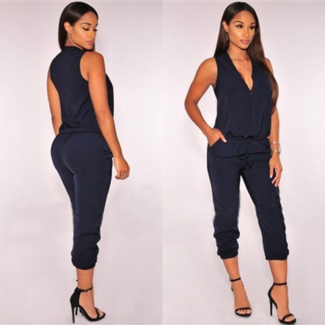 V Neck  Solid  Sleeveless One Piece Jumpsuit Long Pants