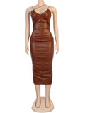 Elegant Slim Fit PU Leather Spaghetti Strap Sleeveless Wrap Backless High Split Skinny Dress