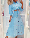 Colorful Polka Dot Puff Sleeve Button Up Tied Crop Top Skirt Set