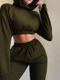 Casual Solid Long Sleeve Hoodies Crop top Two-Piece Pants Set