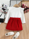 Girls Graphic Ruffle Shoulder Top and Belted Skirt Set