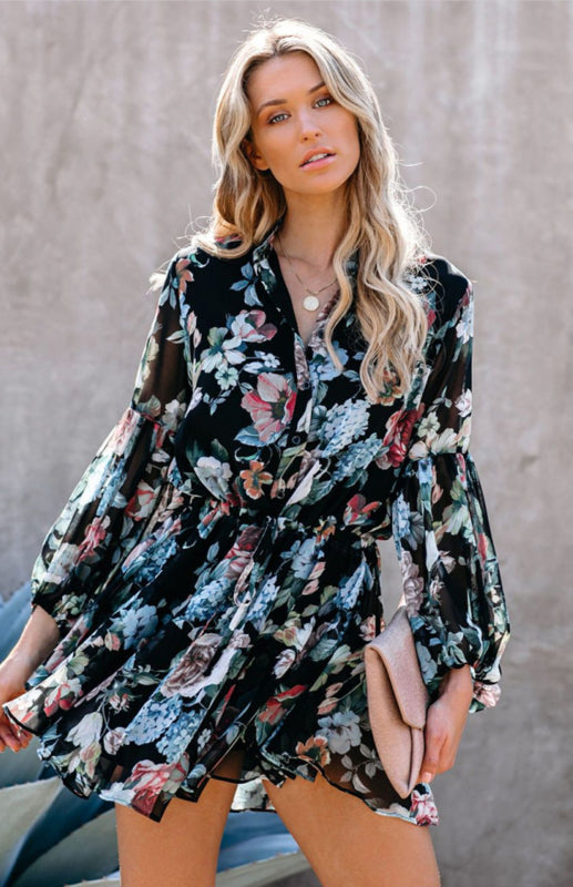 Printed Stand-Up Collar Lace-Up Button-Down Dress
