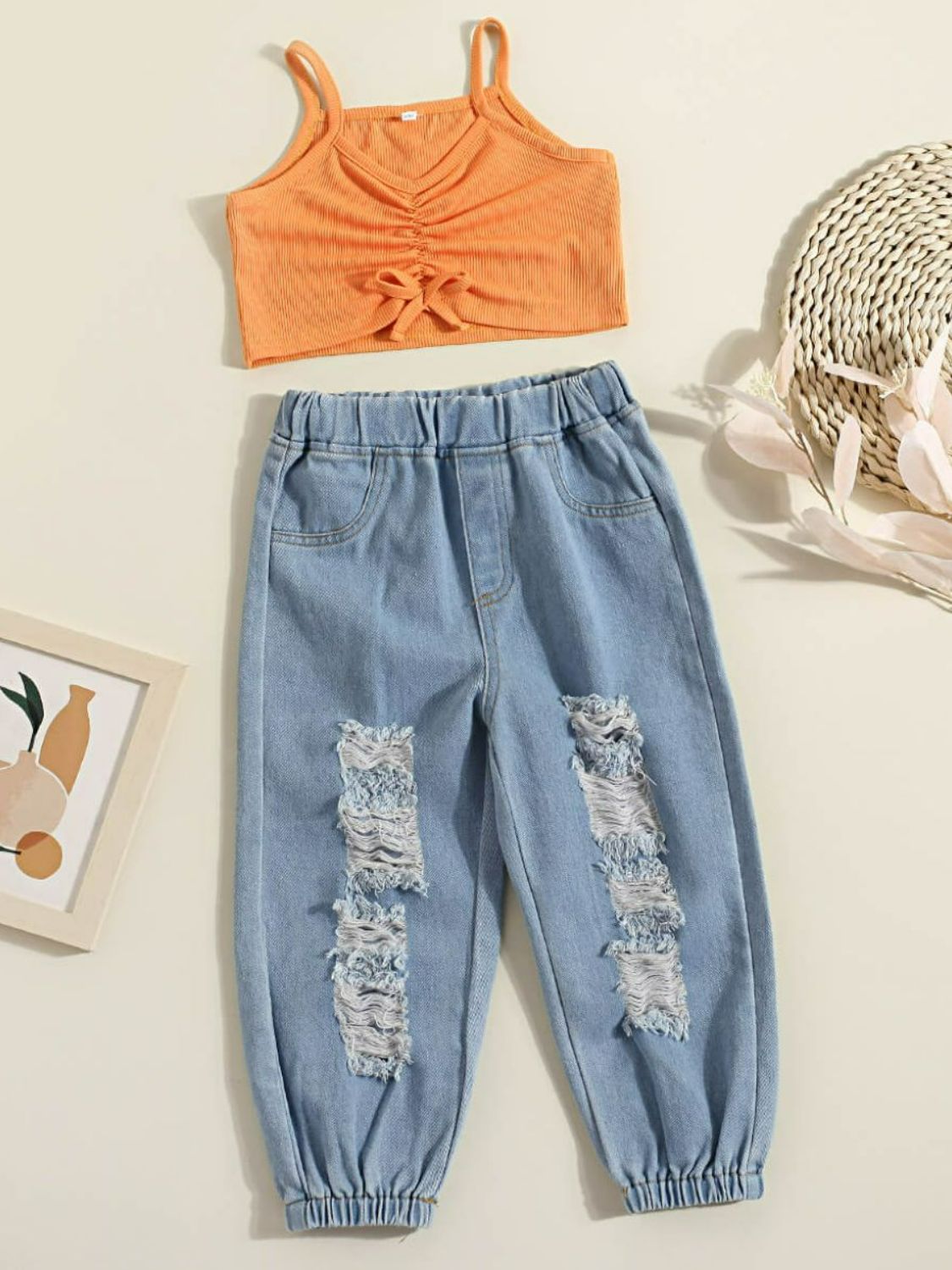 Girls Drawstring Detail Ribbed Cami and Distressed Jeans Set