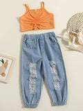 Girls Drawstring Detail Ribbed Cami and Distressed Jeans Set