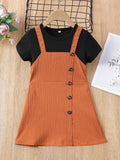 Girls Decorative Button Two-Tone Faux-Two Overall Dress