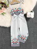 Girls Mixed Print Belted Sleeveless Jumpsuit