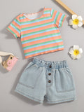 Girls Striped T-Shirt and Button Fly Denim Shorts