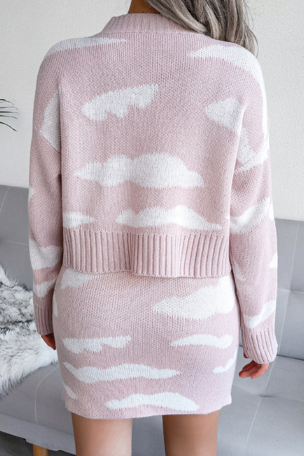 Cloud Print Ribbed Trim Sweater and Skirt Set