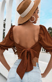 Women'S Sexy Backless Bow Tie Balloon Sleeve Tops
