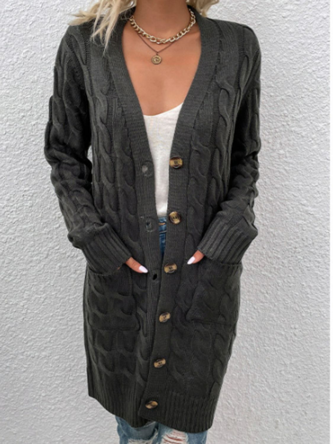 Cable-Knit Button Down Longline Cardigan with Pockets