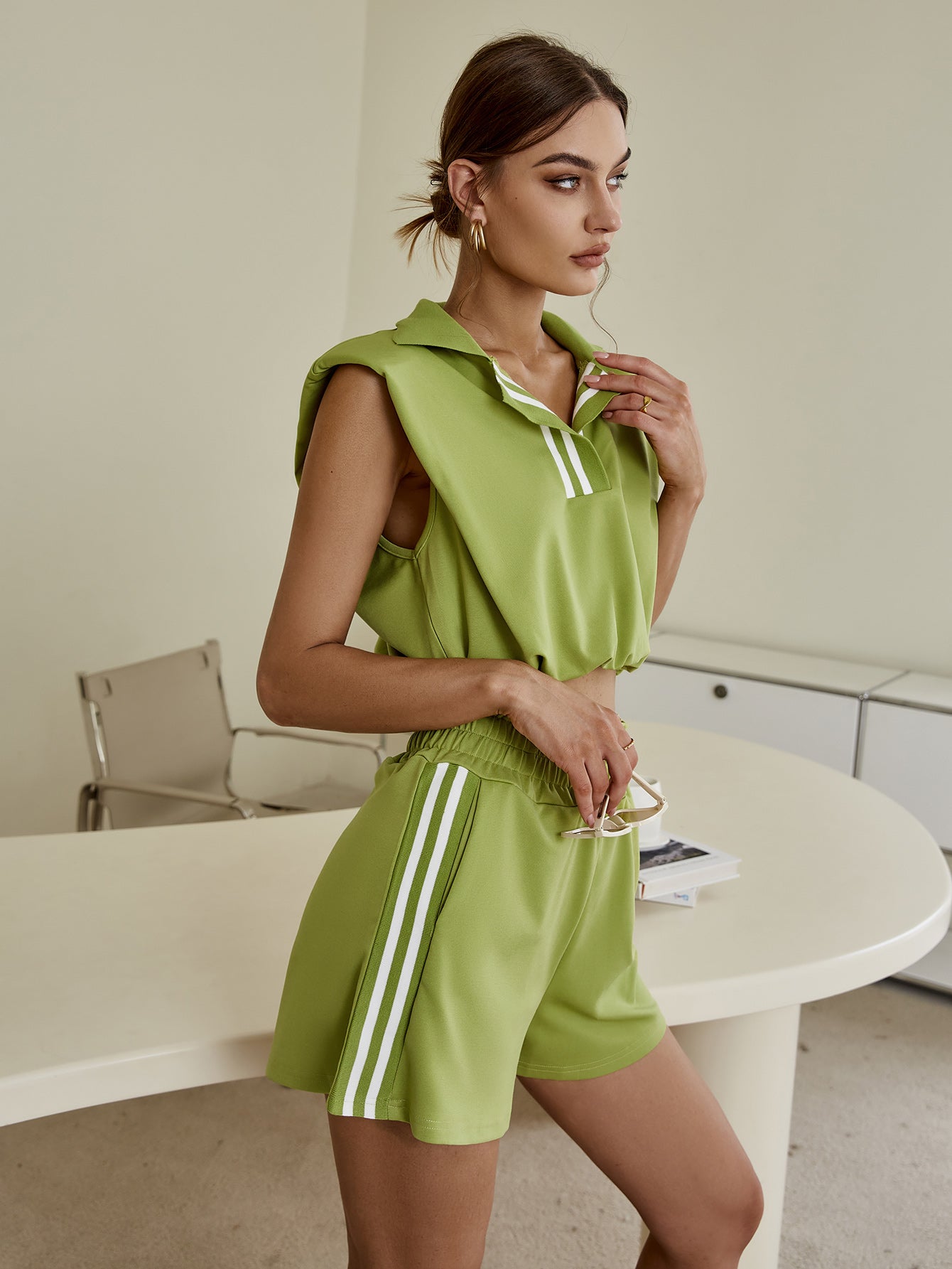 Striped Padded Shoulder Cropped Top and Paperbag Waist Shorts Set