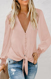 Women's V-Neck Lace Patchwork Solid Color Tie Loose Long Sleeve Chiffon Shirt