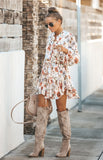 Printed Stand-Up Collar Lace-Up Button-Down Dress
