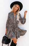 Printed Stand-Up Collar Lace-Up Button-Down Dress