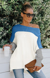 Women's Round Neck Off Shoulder Color Contrast Loose Casual Long Sleeve Pullover Sweater