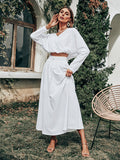 Women's casual long -sleeved V -neck top skirt Two -Piece Suit