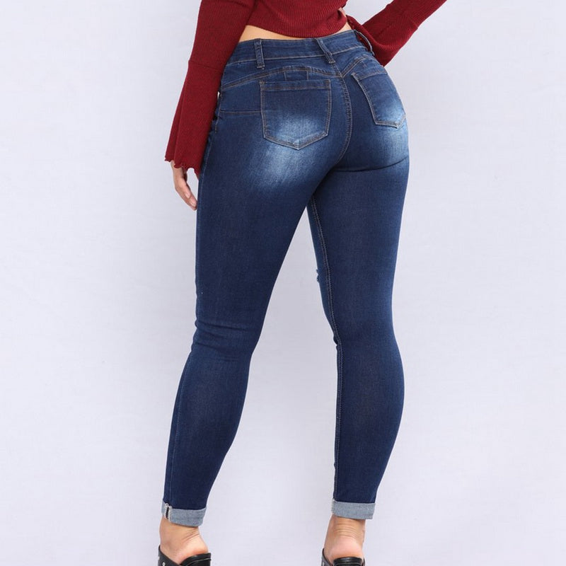 Women High Waist Casual Ripped Hole Long Jeans Denim