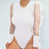 Lace Puff Sleeve  Polka Dot Elegant Vintage Bodysuit