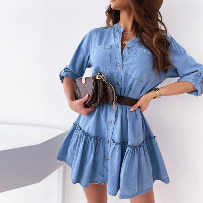 Light Blue Long Sleeve Shirt Big Pocket Button Ruffles Solid Dress