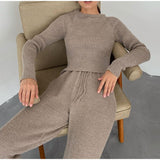 O Neck And Drawstring Wide Leg Pant  Solid Knit Sweater Sets Outfits