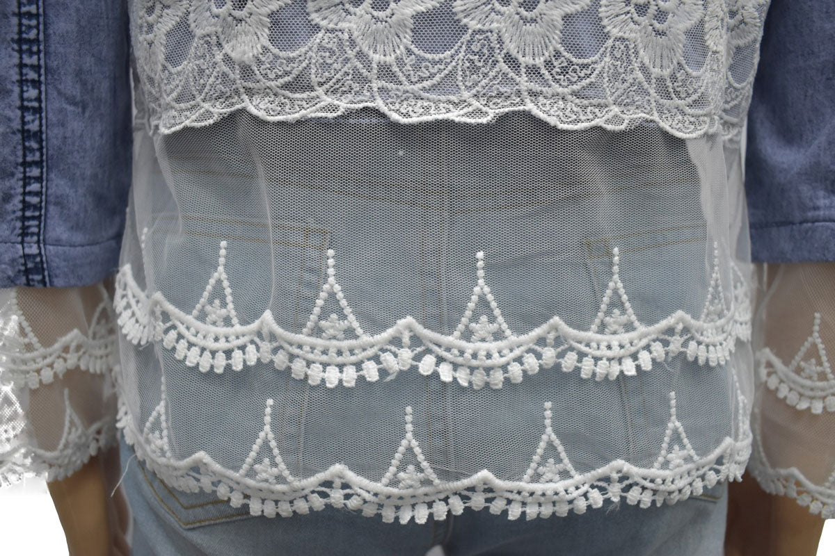Slim Stitching Denim Decoration Lace Cuffs White Mesh Hem Jacket
