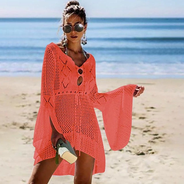 New Sexy Flared Long Sleeves  Crochet Swimwear  Cover-up