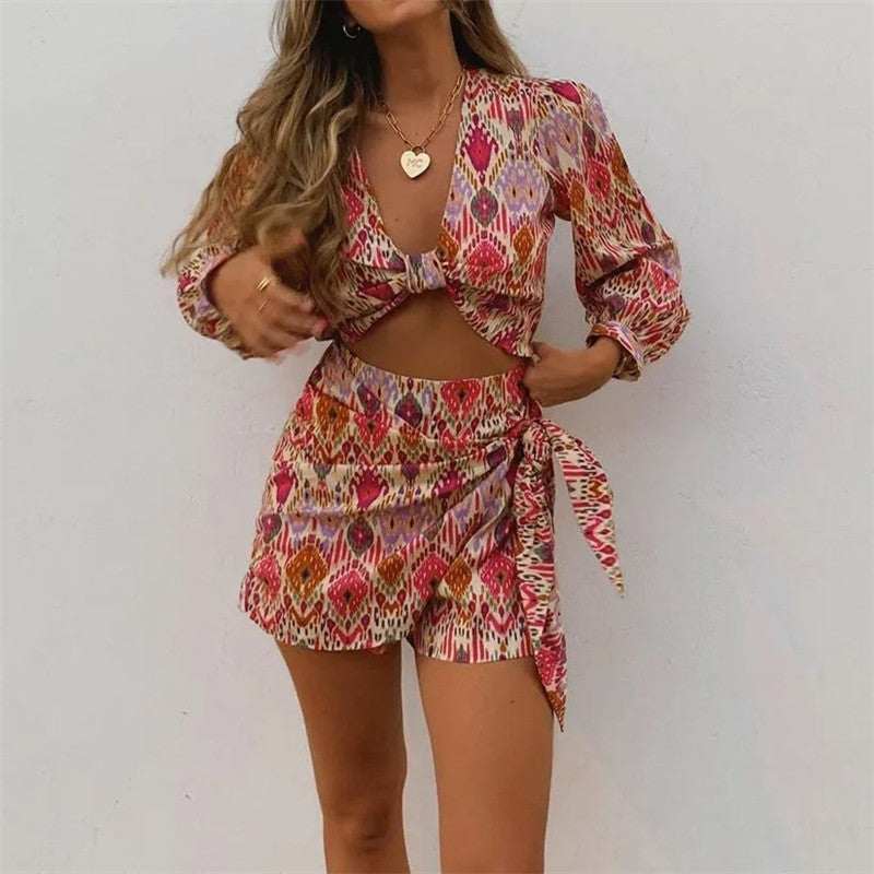 Skirt Shorts Floral Top Female Long Sleeve Knot Crop Top