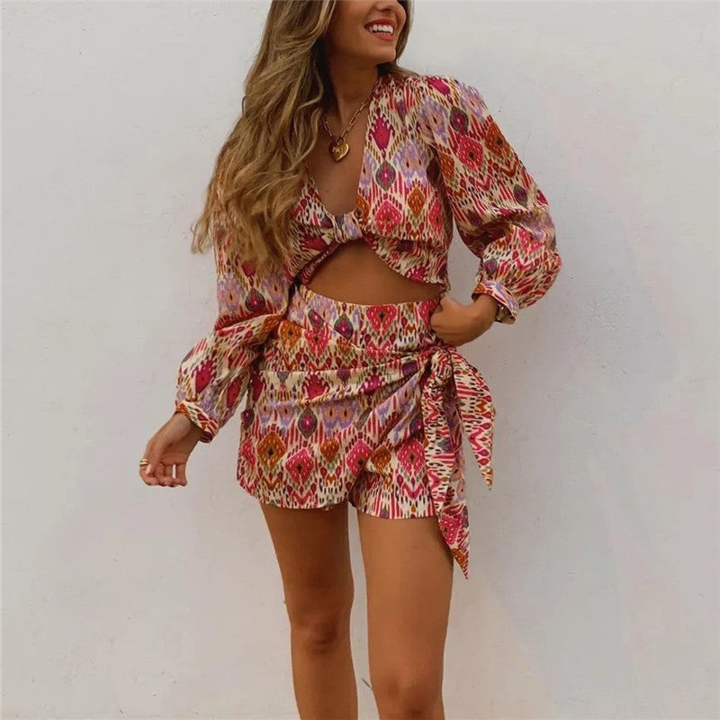 Skirt Shorts Floral Top Female Long Sleeve Knot Crop Top