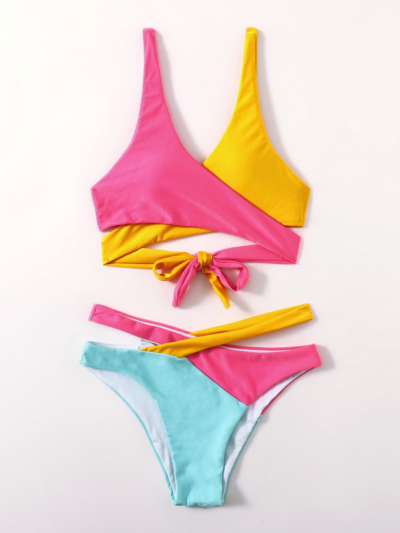 Gather Split Print Two Pieces Two-Color Cross Swimsuit