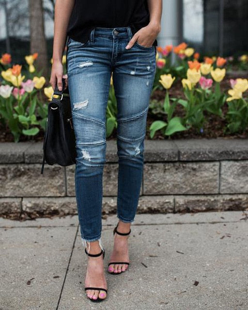 Denim Skinny  Ripped Destroyed Pleated Stretch Jeans
